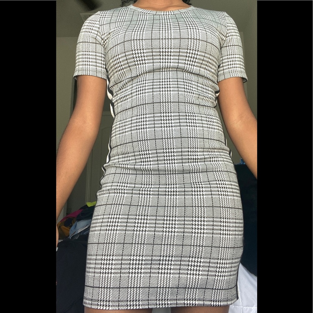 Black, white, and grey abstract design dress